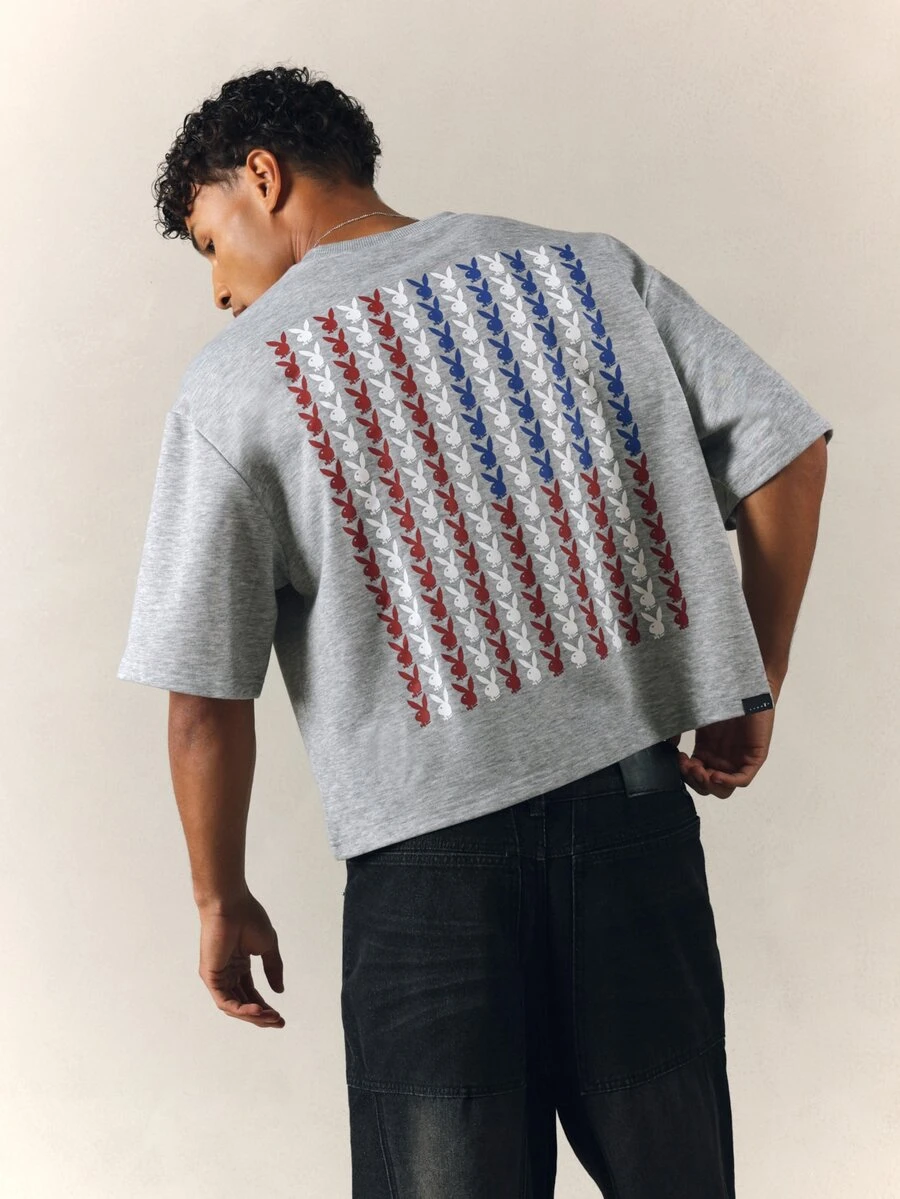 PLAYBOY X SUMWON Bunny Cropped Boxy Fit T-Shirt With Chest Logo And Patriotic Flag Print Back - Grey - View 1