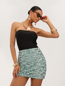 Dancing Leopard Green High-Waisted Sequin Mini Skirt, Music Festival Outfit - Green - View 5