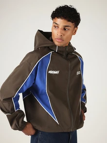 SUMWON Colorblock Hooded Full-Zip Windbreaker Jacket With Contrast Piping And Back Logo Print - Brown - View 6