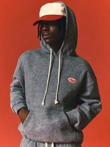 SUMWON Oversized Washed Fleece Pullover Hoodie With Centre Pocket And Oval Logo Patch Detail - Dark Grey - View 5