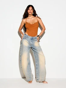 KIZN Body con cuello drapeado, tirantes finos, espalda baja con recorte, detalle fruncido, sin mangas, top de verano - Naranja - Ver 3