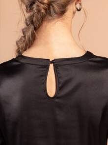 Rouah Women's Solid Color Asymmetric Waist Seam Draped Hem Round Neck Short Sleeve Satin Top - Summer, Black, Boho Casual Elegant, Party Brunch, Smart Top - Black - View 5