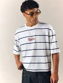 PLAYBOY X SUMWON Crop Fit Oversized Striped Crew Neck T-Shirt With Short Sleeves And Chest Logo Print Summer Casual Tee - White - View 7