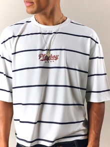 PLAYBOY X SUMWON Crop Fit Oversized Striped Crew Neck T-Shirt With Short Sleeves And Chest Logo Print Summer Casual Tee - White - View 5
