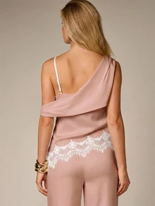 AiiRZ Atasan Cami Asimetris Satu Bahu dengan Detail Renda, Leher Berlipat Elegan, Atasan Malam Musim Semi/Musim Panas - Baby Pink - View 3
