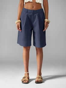 MISSGUIDED Pantalones cortos tipo bermuda plisados con detalle de pliegue delantero, pierna ancha, cintura de tiro medio y bolsillos laterales para el verano - Azul Marino - View 4