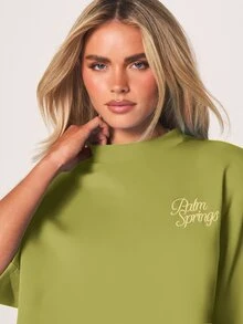 MISSGUIDED Oversized Mock Neck Graphic T-Shirt With Palm Springs Hibiscus Floral Back Print And Script Logo - Green - View 4