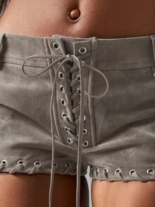 MISSGUIDED Faux Suede Lace-Up Hot Pants Mini Shorts With Grommet Detail Festival Boho Summer Party - Grey - View 6