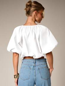 AiiRZ Top Cropped Puffball com Decote em V com Amarração na Frente e Mangas Bufantes Volumosas para o Verão - Branco - Visão 3