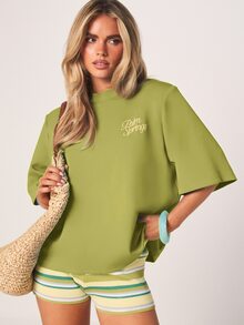 MISSGUIDED Oversized Mock Neck Graphic T-Shirt With Palm Springs Hibiscus Floral Back Print And Script Logo - Green - View 1