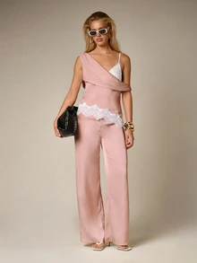 AiiRZ Atasan Cami Asimetris Satu Bahu dengan Detail Renda, Leher Berlipat Elegan, Atasan Malam Musim Semi/Musim Panas - Baby Pink - View 4