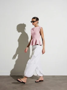 KSTM Sleeveless Knit Peplum Top With Boat Neckline Ribbed Waist Flared Hem Spring Summer - Baby Pink - View 4
