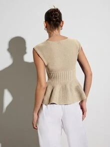 KSTM Sleeveless Peplum Knit Top With Boat Neckline Ribbed Waist Flared Hem Spring Summer - Beige - View 6
