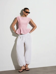 KSTM Sleeveless Knit Peplum Top With Boat Neckline Ribbed Waist Flared Hem Spring Summer - Baby Pink - View 3