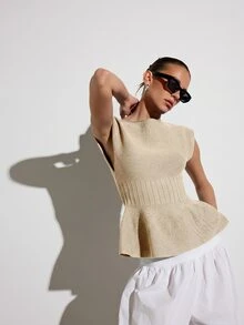 KSTM Sleeveless Peplum Knit Top With Boat Neckline Ribbed Waist Flared Hem Spring Summer - Beige - View 5