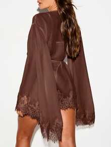 KIZN Sheer Chiffon Mini Dressing Gown With Floral Lace Trim Cuffs And Hem Bridal Robe Kimono Sleeves - Chocolate Brown - View 3