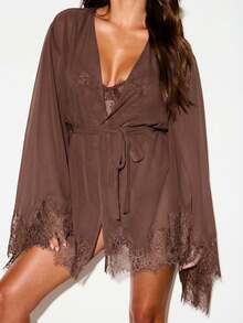 KIZN Sheer Chiffon Mini Dressing Gown With Floral Lace Trim Cuffs And Hem Bridal Robe Kimono Sleeves - Chocolate Brown - View 6