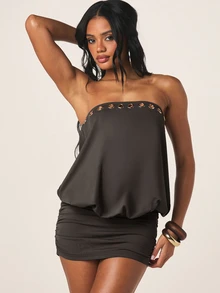 MISSGUIDED Strapless Eyelet Mini Dress With Gold Grommet Detail And Ruched Bodycon Skirt Layer Summer Night Out - Dark Grey - View 6