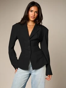AiiRZ Collared Single-Breasted Cinched Waist Blazer With Notch Lapel And Flared Cuffs Office Wear - Black - View 1