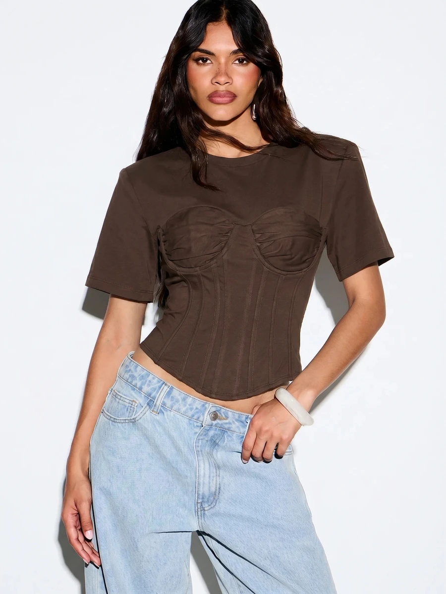KIZN Shoulder Pad Corset Detail Crop T-Shirt With Bustier Boning And Structured Waist - Brown - View 1