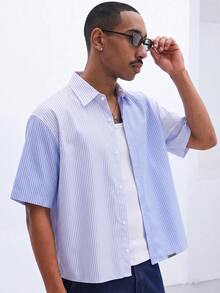 SUMWON Vertical Striped Short Sleeve Button-Up Collared Shirt With Contrast Panel Summer Casual Top - Blue and White - View 5