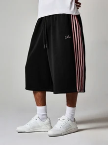 SUMWON Side Stripe Jort Shorts With Drawstring Waist Script Logo Detail Relaxed Fit Below-Knee Length - Black - View 6