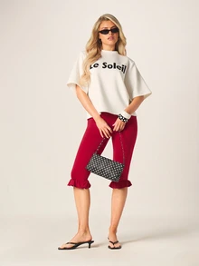MISSGUIDED Ruffle Hem Capri Leggings High Waist Stretch Cropped Pants Casual Chic Summer Spring - Red - View 3