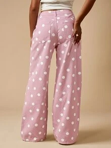 MISSGUIDED Pantalones vaqueros de pierna ancha con lunares, cintura alta, ajuste holgado, largo completo, pantalones casuales elegantes para primavera y verano - Rosa - Ver 2