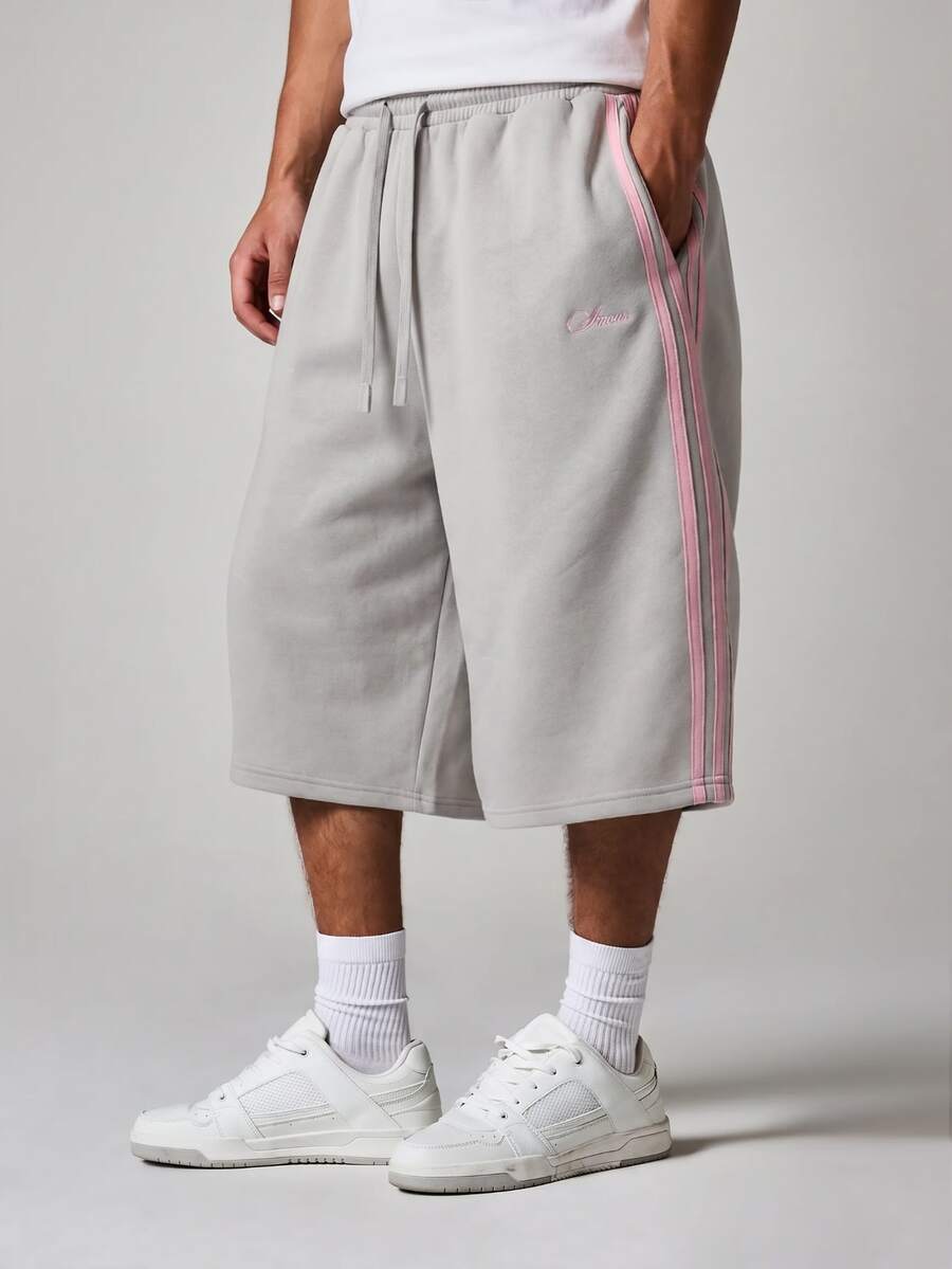 SUMWON Side Stripe Fleece Shorts With Drawstring Waist Casual Bermuda Longline Short For Summer - Grey - View 1