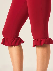 MISSGUIDED Ruffle Hem Capri Leggings High Waist Stretch Cropped Pants Casual Chic Summer Spring - Red - View 4