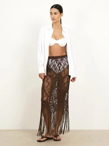 KSTM Lace Fringed Maxi Skirt Sheer Floral Lace Semi-Transparent Boho Festival Long Skirt With Tassel Hem Detail - Chocolate Brown - View 7