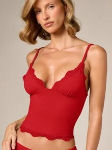 AiiRZ Lace Trim Cami And Shorts Pajama Set - Soft Sleepwear With Adjustable Straps And Scalloped Lace Detail - Red - View 4