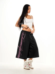SUMWON WOMEN Wide Leg Culottes Shorts With Cursive Script Side Print And Elastic Waist Streetwear Style - Black - View 5