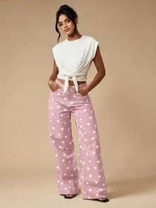 MISSGUIDED Pantalones vaqueros de pierna ancha con lunares, cintura alta, ajuste holgado, largo completo, pantalones casuales elegantes para primavera y verano - Rosa - Ver 3