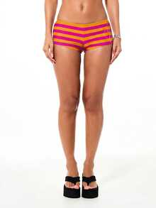 BABYPHAT Shorts de bikini con estampado de rayas, detalle de logo con texto y icono de gato para la playa en verano - Naranja - Ver 2