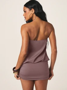 MISSGUIDED Strapless Blouson Mini Dress With Gold Eyelet Detail And Ruched Skirt For Party Night Out - Dusty Pink - View 3