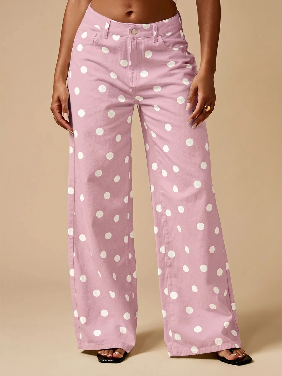 MISSGUIDED Pantalones vaqueros de pierna ancha con lunares, cintura alta, ajuste holgado, largo completo, pantalones casuales elegantes para primavera y verano - Rosa - Ver 1