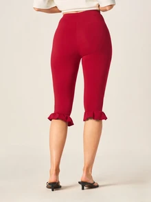 MISSGUIDED Ruffle Hem Capri Leggings High Waist Stretch Cropped Pants Casual Chic Summer Spring - Red - View 2