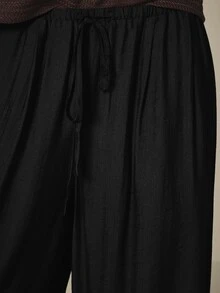 KSTM Wide Leg Drawstring Palazzo Pants With Elastic Waist, Flowy Relaxed Fit, Summer Casual Style - Black - View 5