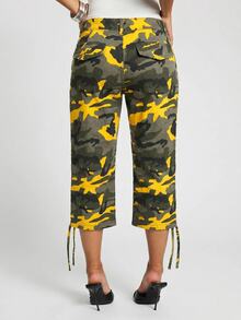 SUMWON WOMEN Camo Capri Cargo Pants With Drawstring Hem And Multi-Pocket Carpenter Style Detail - Multicolor - View 2