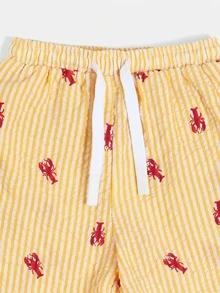 SUMWON 男童條紋龍蝦滿版印花泳褲，彈性腰頭抽繩設計，夏季海灘度假泳褲短褲 - 橘色 - 查看 4