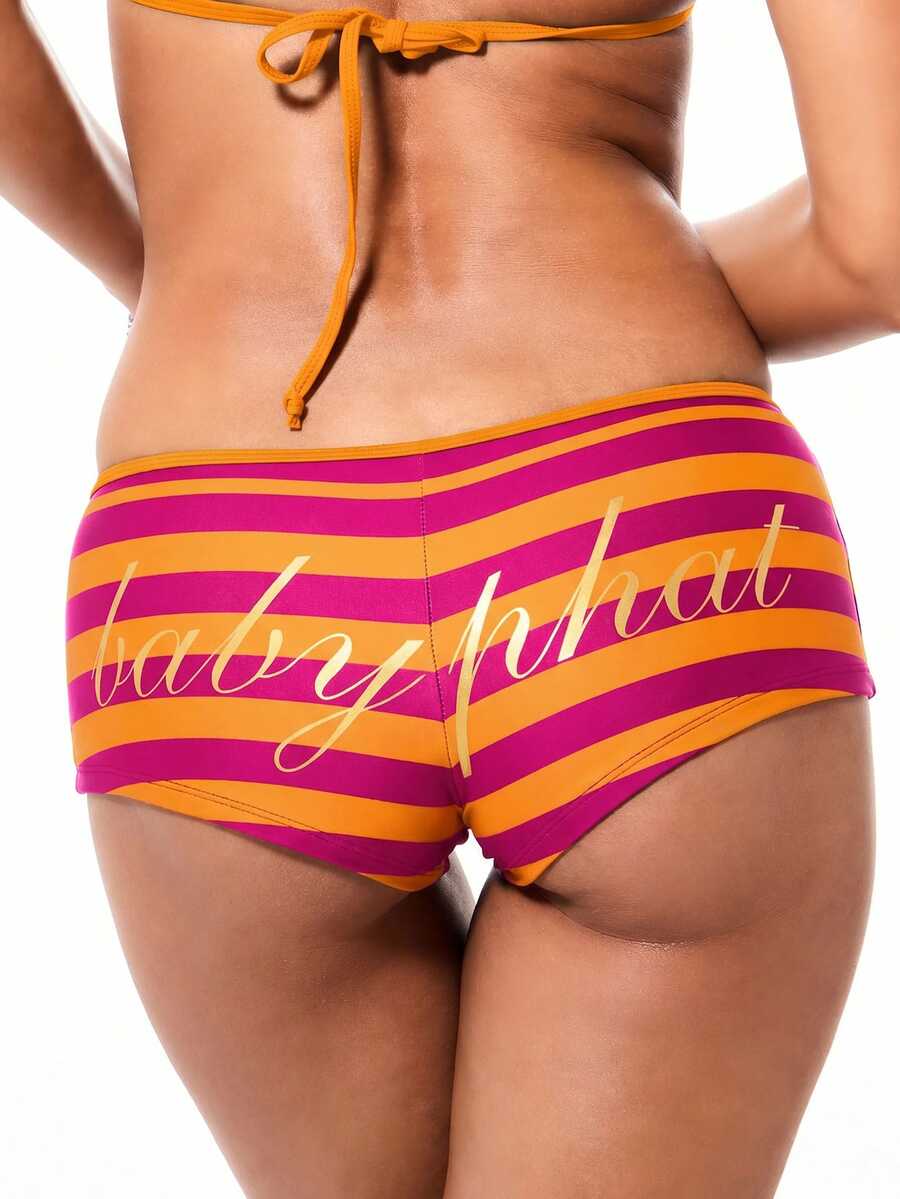 BABYPHAT Shorts de bikini con estampado de rayas, detalle de logo con texto y icono de gato para la playa en verano - Naranja - Ver 1