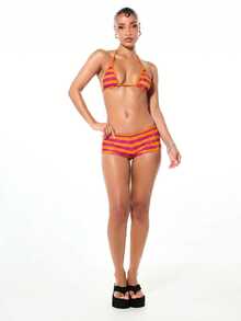 BABYPHAT Shorts de bikini con estampado de rayas, detalle de logo con texto y icono de gato para la playa en verano - Naranja - Ver 5