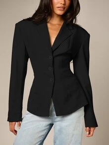 AiiRZ Collared Single-Breasted Cinched Waist Blazer With Notch Lapel And Flared Cuffs Office Wear - Black - View 5