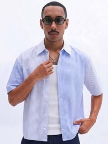 SUMWON Vertical Striped Short Sleeve Button-Up Collared Shirt With Contrast Panel Summer Casual Top - Blue and White - View 3