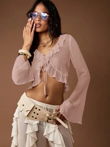 MISSGUIDED 透視荷葉邊短版上衣，喇叭袖、前綁帶 V 領長袖夏季音樂祭上衣 - 粉色 - 查看 6