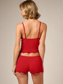 AiiRZ Lace Trim Cami And Shorts Pajama Set - Soft Sleepwear With Adjustable Straps And Scalloped Lace Detail - Red - View 2