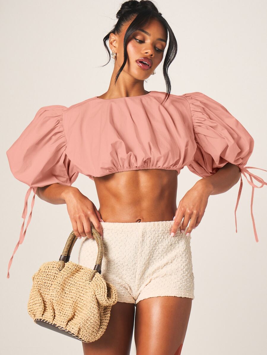 MISSGUIDED 泡泡布泡泡短版上衣,泡泡袖與綁帶袖口設計,夏季度假襯衫 - 粉色 - 查看 1