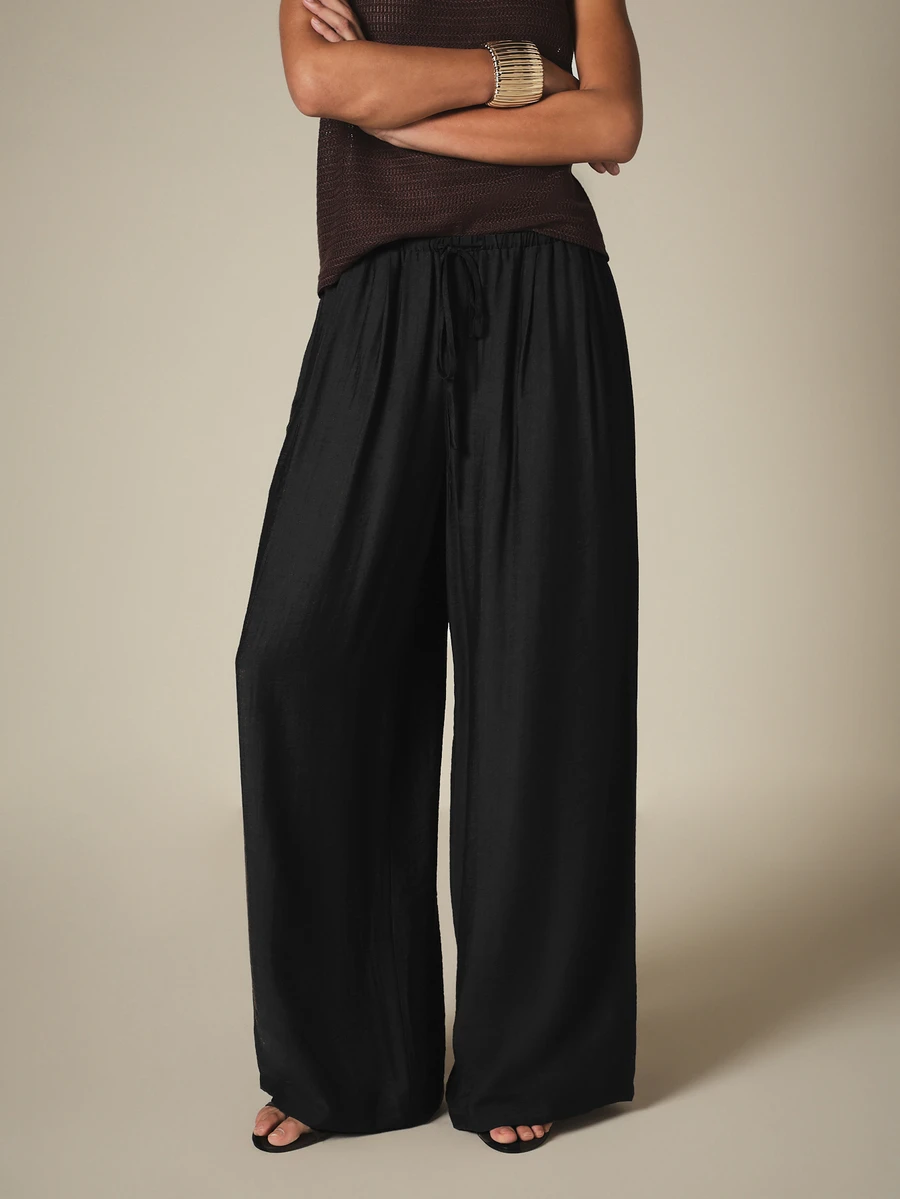 KSTM Wide Leg Drawstring Palazzo Pants With Elastic Waist, Flowy Relaxed Fit, Summer Casual Style - Black - View 1