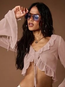 MISSGUIDED 透視荷葉邊短版上衣，喇叭袖、前綁帶 V 領長袖夏季音樂祭上衣 - 粉色 - 查看 5